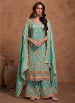 Shimmer Silk Teal Wedding Wear Embroidery Work Readymade Plazzo Suit